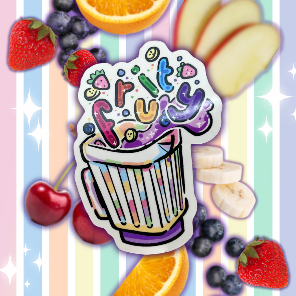 A sticker of a blender with fruit floating out and bubble rainbow text that says "fruity"