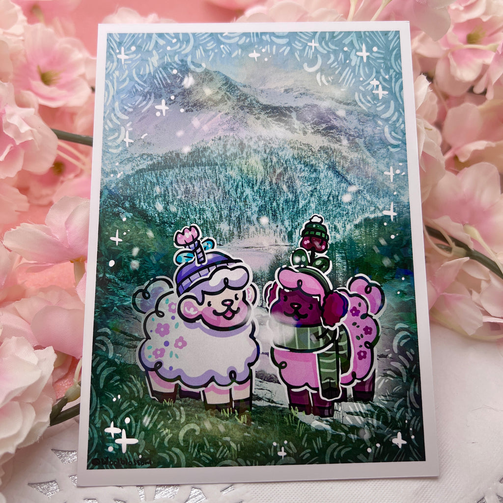 A print of a photo of snowy swiss alps that's been slightly drawn over and edited, with sprout the sheep and tulip the sheep, girlfriends, standing together in winter clothes as if it is a vacation photograph