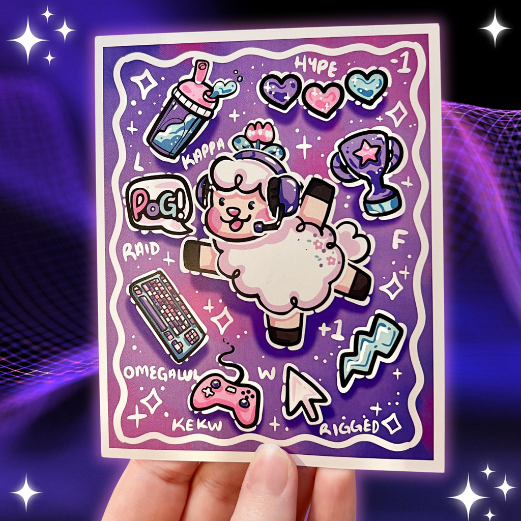 A print of a sheep jumping in the air and a speech bubble that says "POG". The sheep is surrounded by video game symbols, like a trophy, keyboard, and controller.