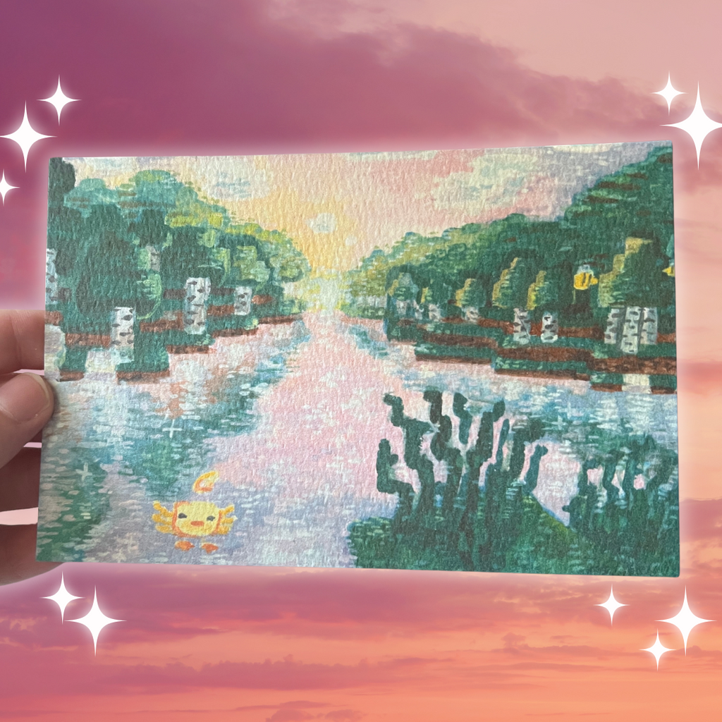 A print of a minecraft screenshot with water, trees, and an axolotl