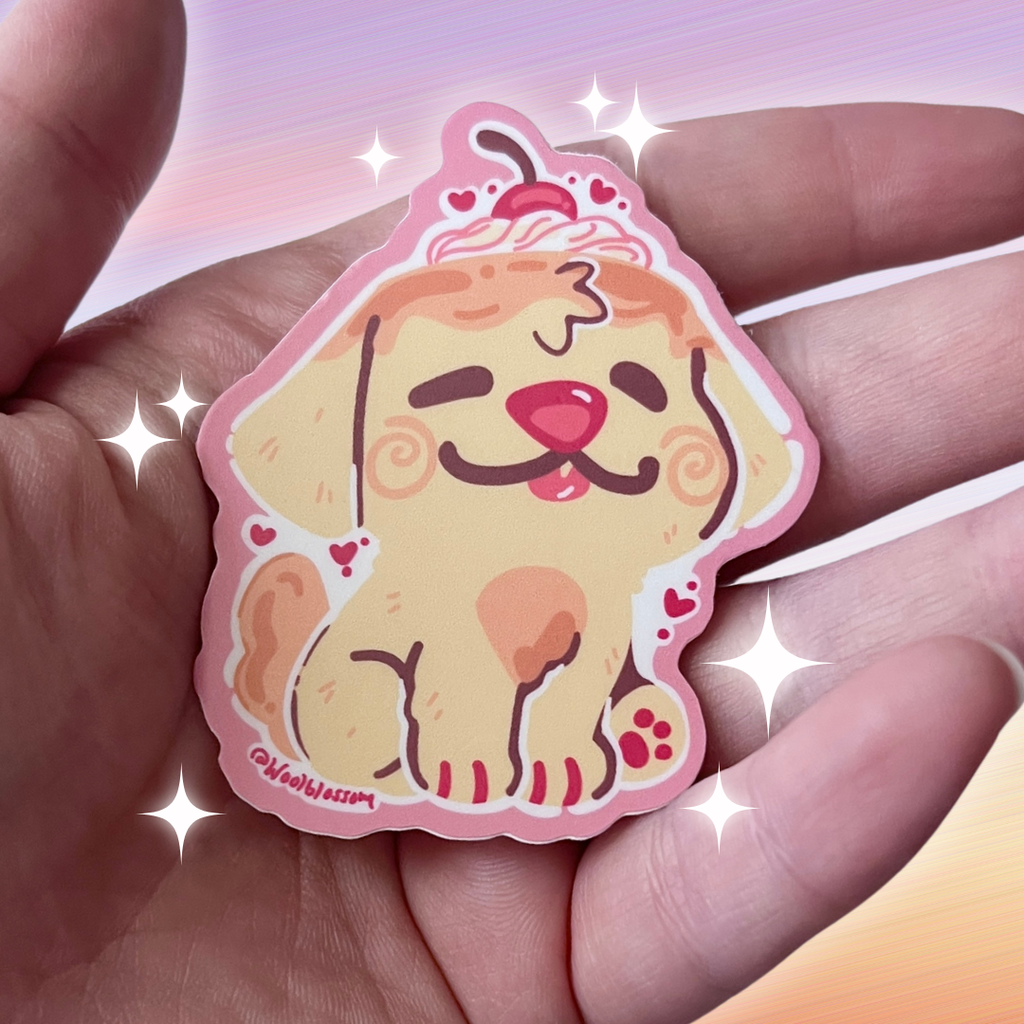 A sticker of a puppy that looks like a flan