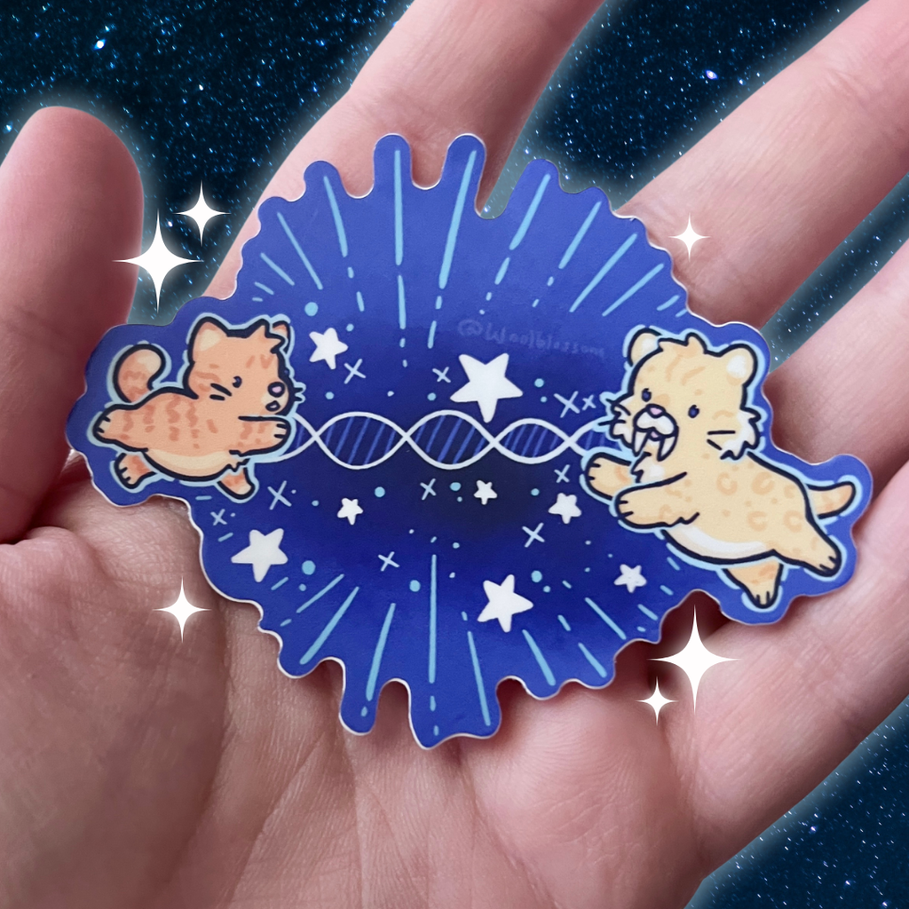 A sticker of an orange cat reaching out to a sabertooth tiger with dna connecting them and stars around