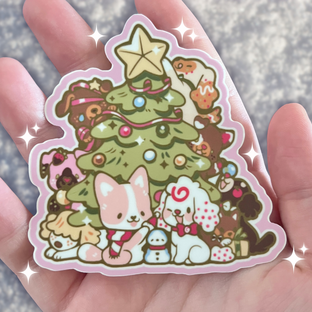 a sticker of many puppies around a tree decorating it