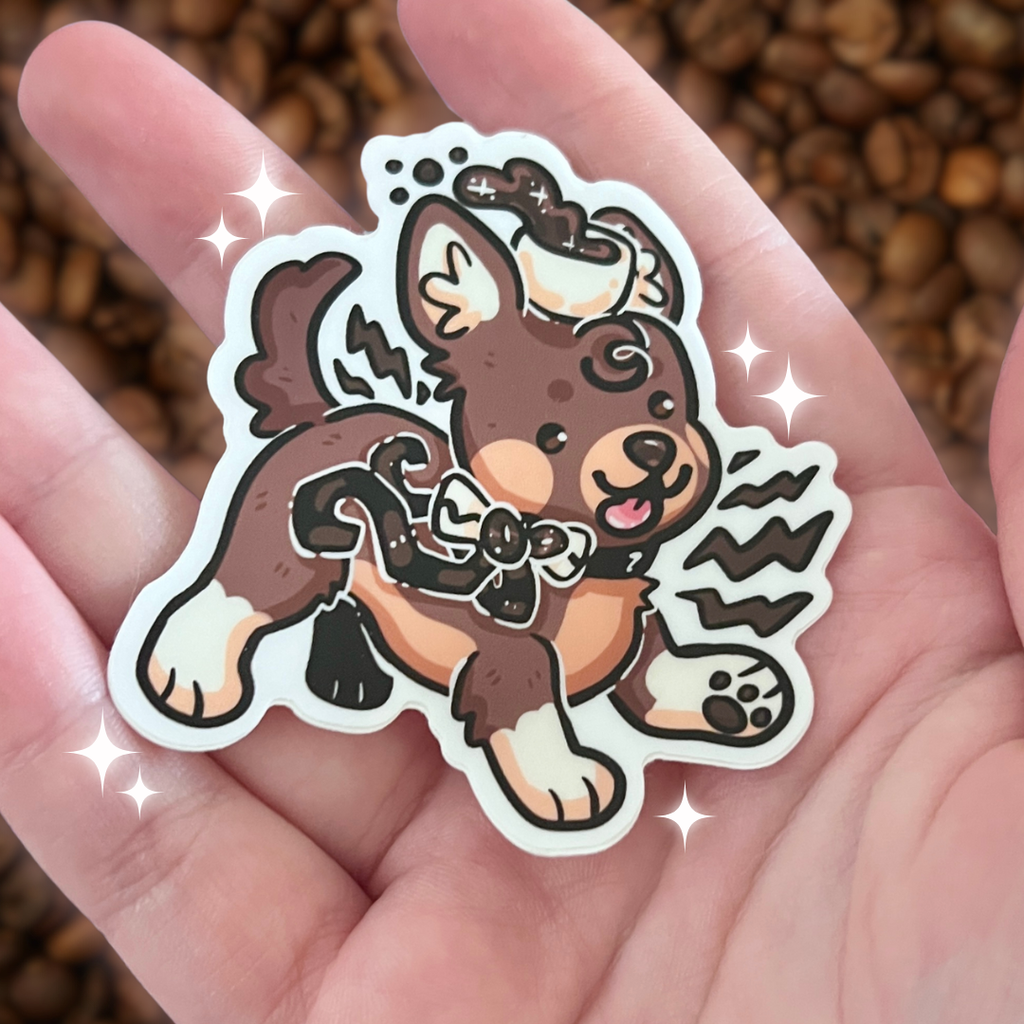 sticker of a puppy running with espresso on its head