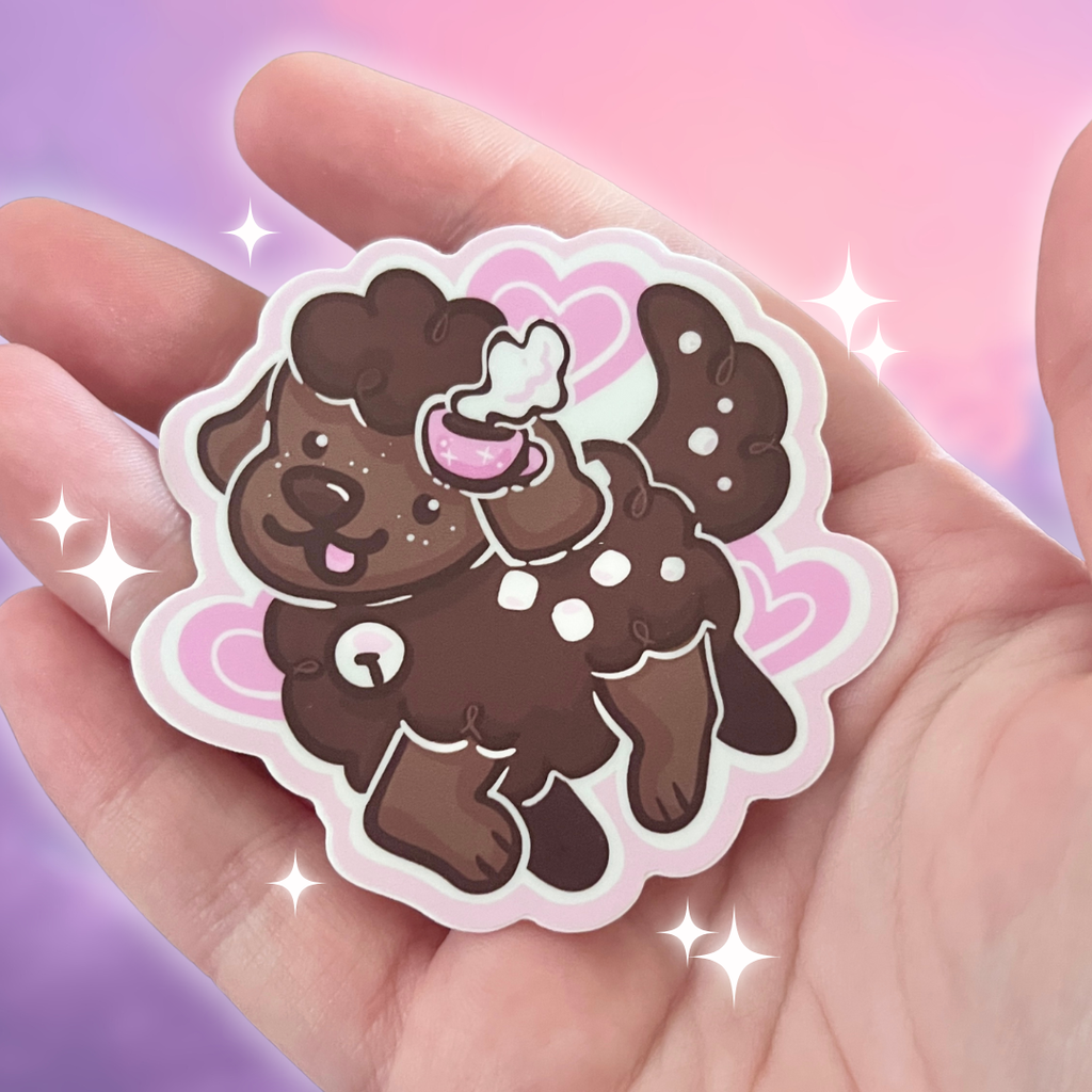 sticker of a brown puppy with hearts and marshmallows