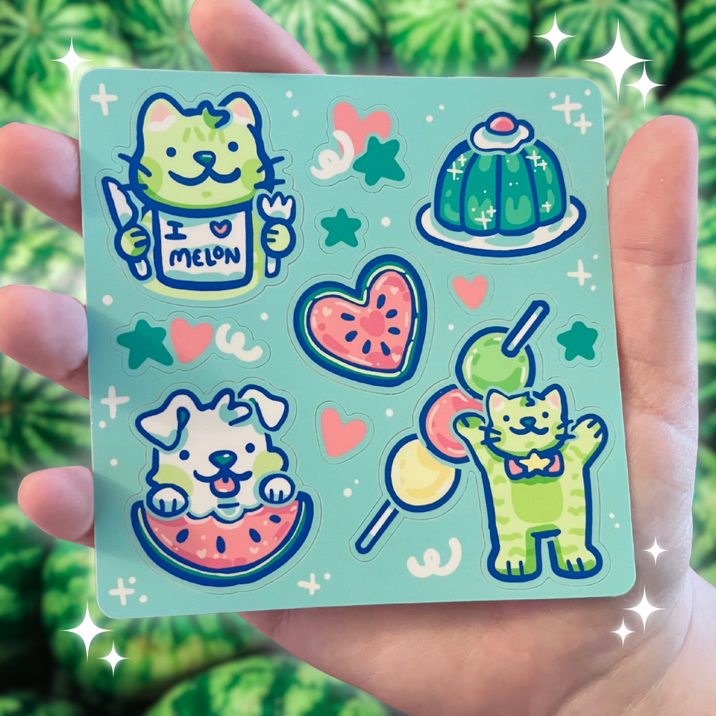 Sticker sheet with cartoon melon items and characters and food illustrations held by a hand against a green leafy background.