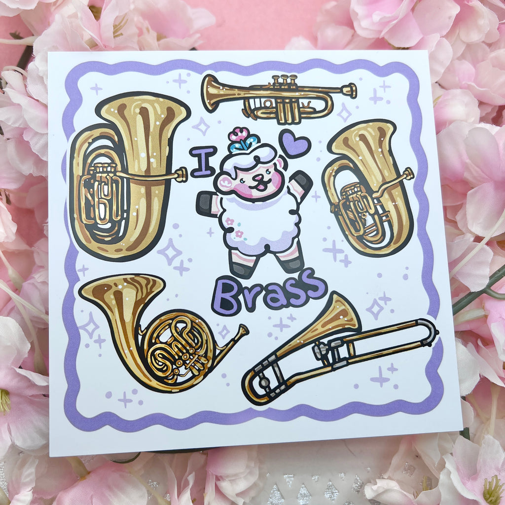 a print of a sheep with the text "I heart brass" and five instruments floating around them (tuba, trumpet, euphonium, trombone, and french horn)