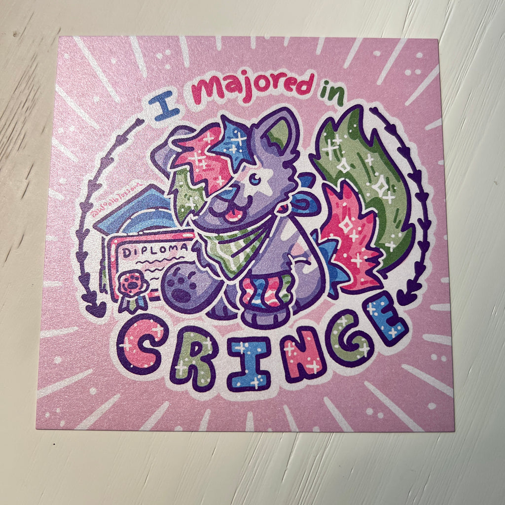Print with cartoon sparkle dog and text 'I majored in cringe' on white