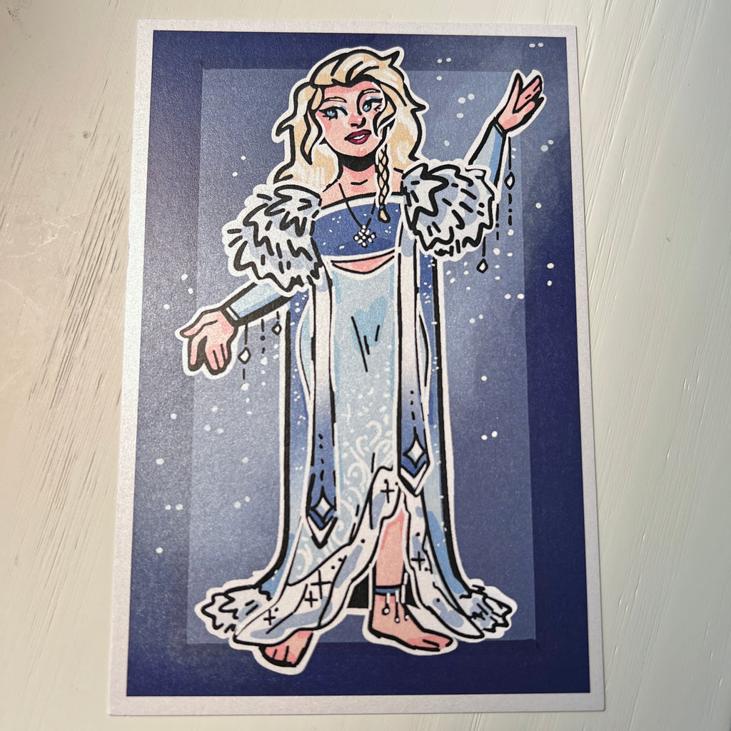Illustration of a princess in a blue dress held against a white background