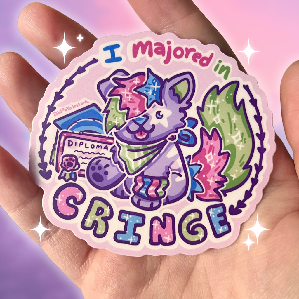 Colorful sticker with a cartoon sparkle dog and text that says "i majored in cringe" held in a hand against a purple background