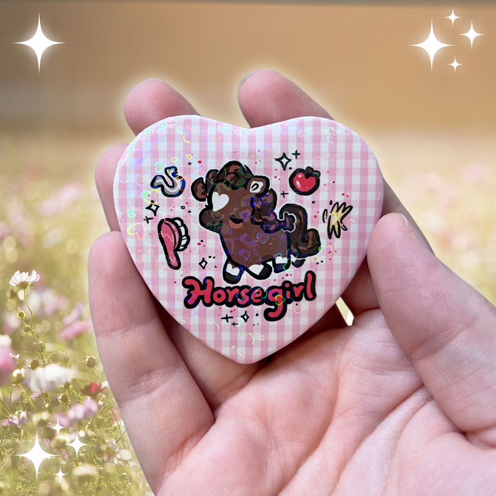 a heart button that says horse girl with pink plaid and a brown horse surrounded with horse items like apple and a brush