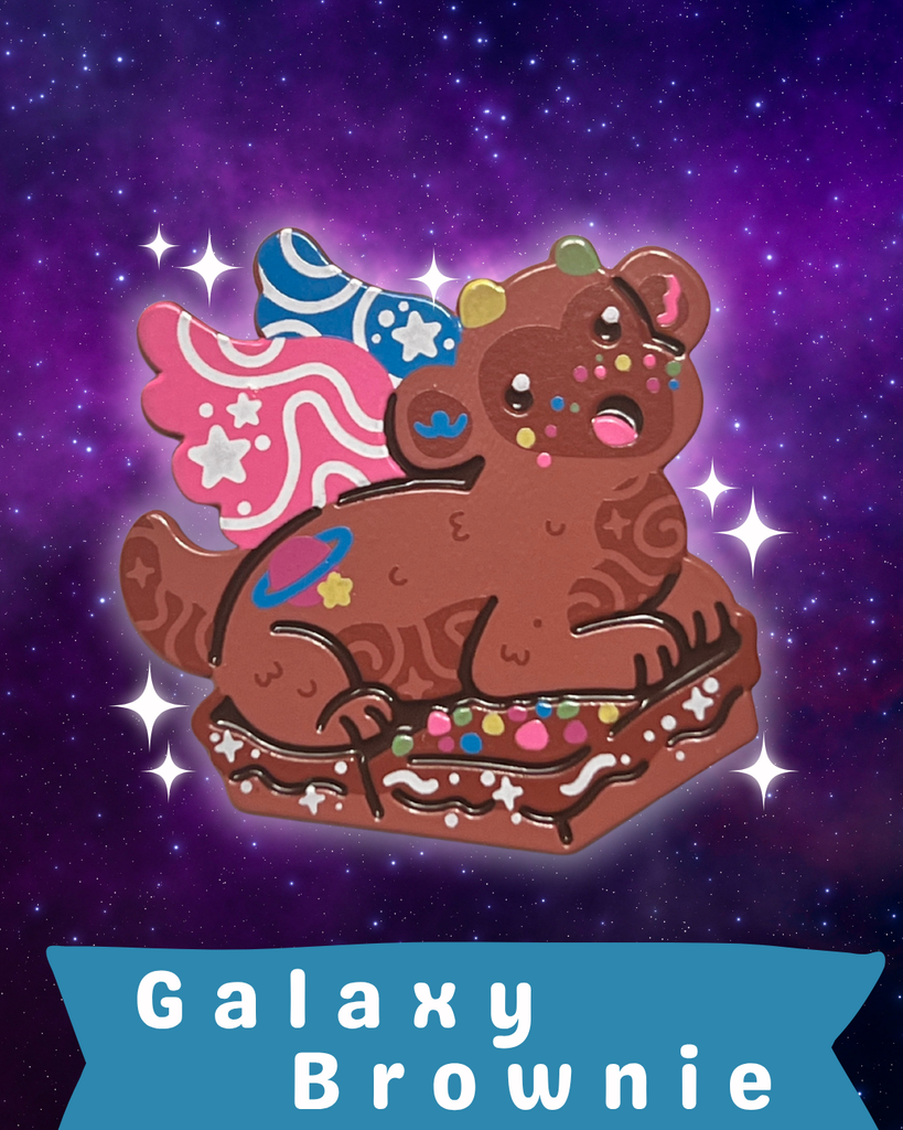 Enamel pin of a galaxy brownie dragon on a purple starry background, labeled 'Galaxy Brownie'.