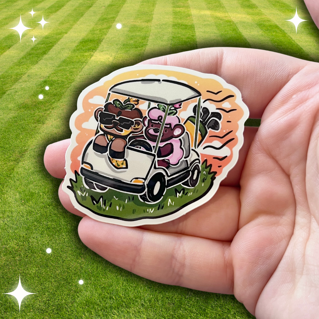 a sticker of a brown sheep with a mustache and a tie in a golf cart with a pink mustache sheep driving, a sunset behind them