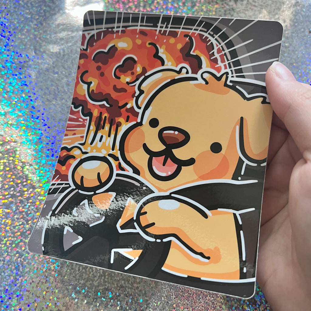 sticker of a golden dog driving happily with an explosion behind him against a glittery background