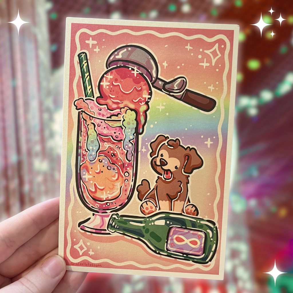 A cream print of a cute brown dog next to a rainbow ice cream soda float, rainbow in the background, and a green "8" soda bottle