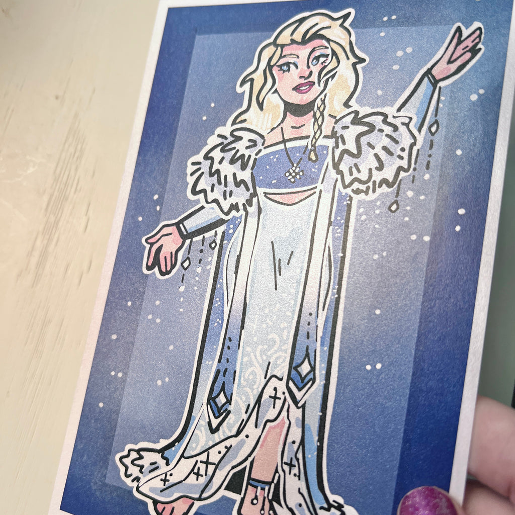 Illustration of a princess in a blue dress held against a white background
