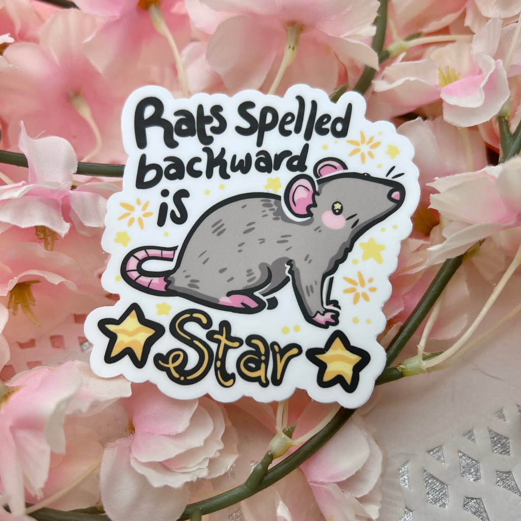 sticker of a gray rat with the text "rats spelled backward is star" and gold star accents