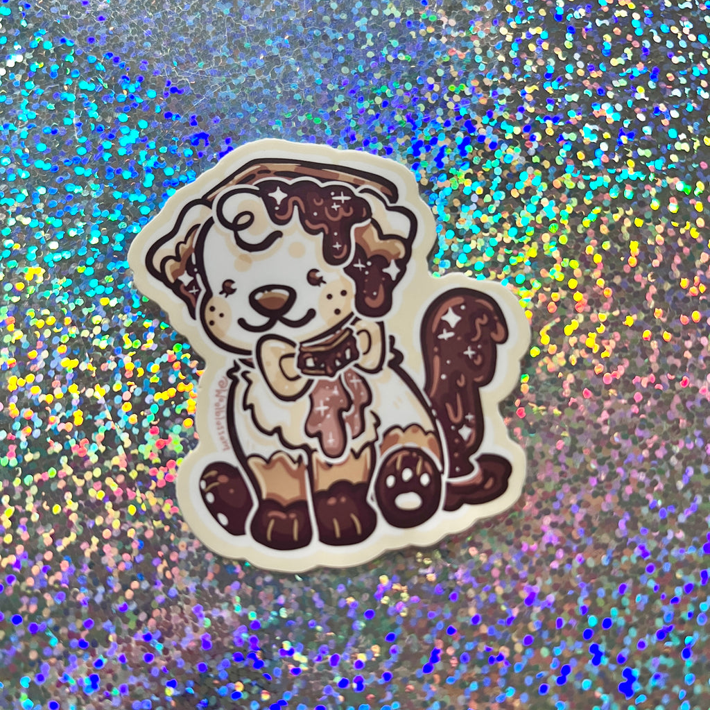 Cartoon dog sticker that is smore based on a glittery background