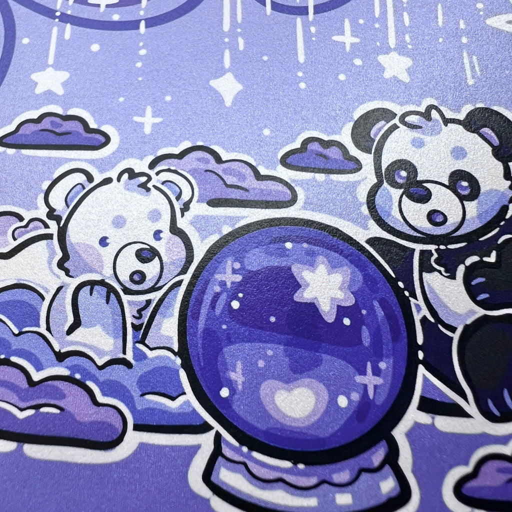 A print of two bears looking into a purple crystal ball