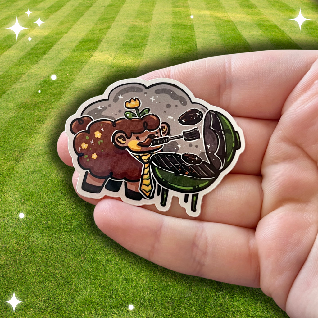 a sticker of a brown sheep with a mustache and a tie grilling burgers at a grill