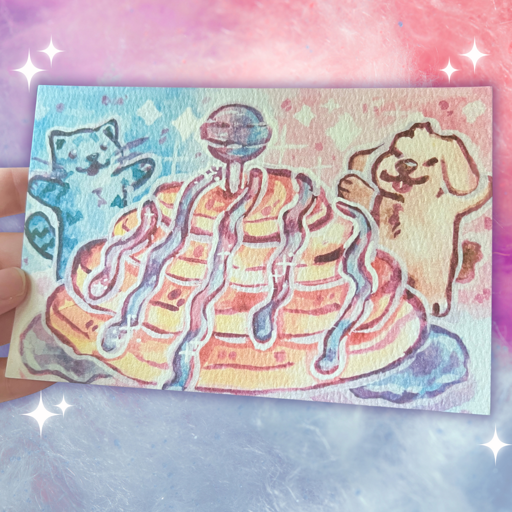 a print of a cat and dog standing behind a pile of cotton candy pancakes