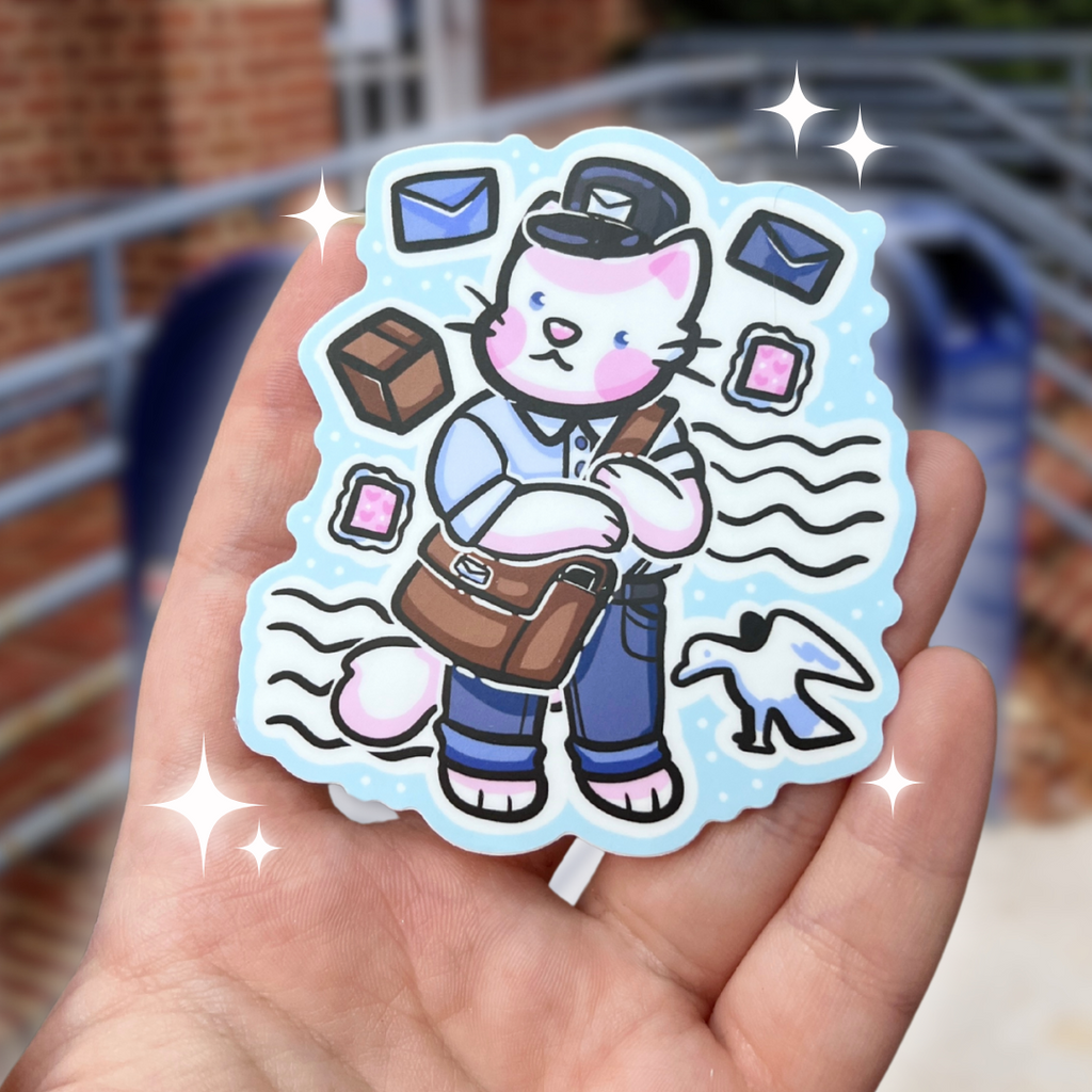 A sticker of a cat in a mail uniform and bag with stamps and boxes around them