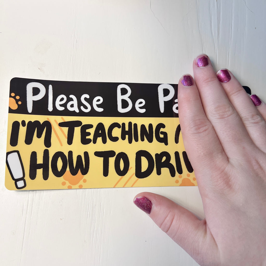 a bumper sticker with humorous text "please be patient i'm teaching my cat to drive" with hand