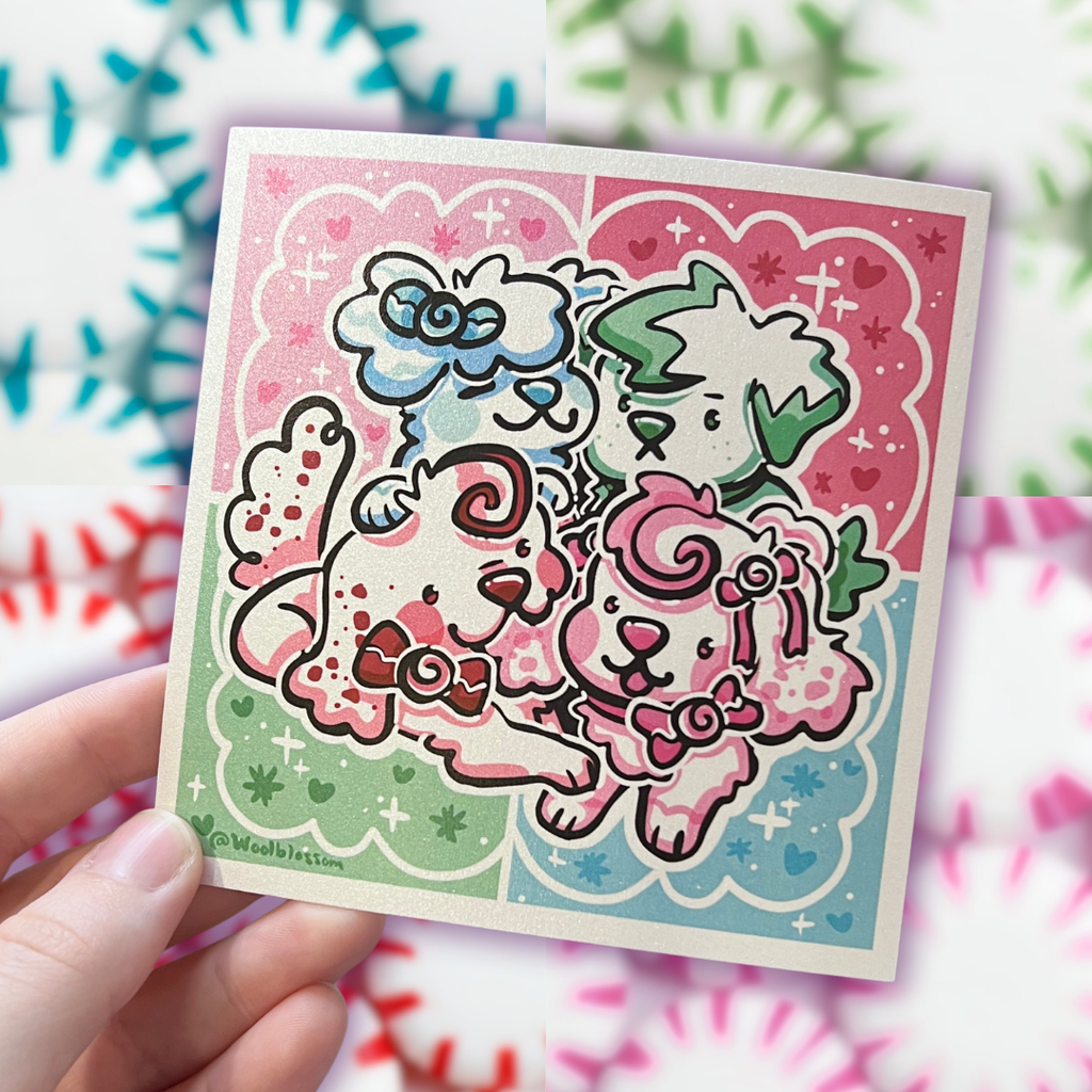 A sticker of 4 peppermint themed puppies