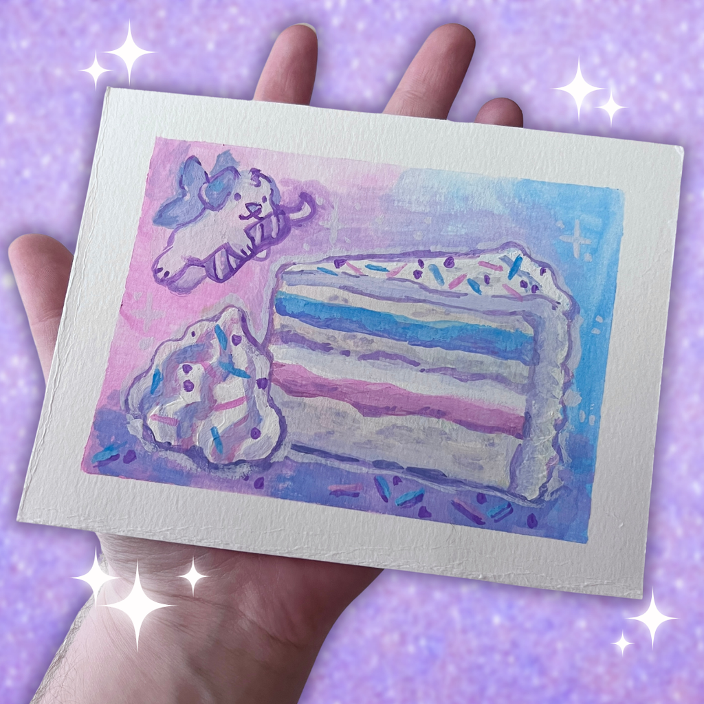 A painting of a birthday cheesecake with a fairy puppy holding a candle