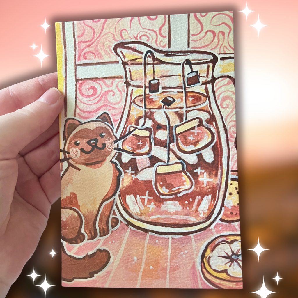 a print of a cat in front of a pitcher of sweet tea