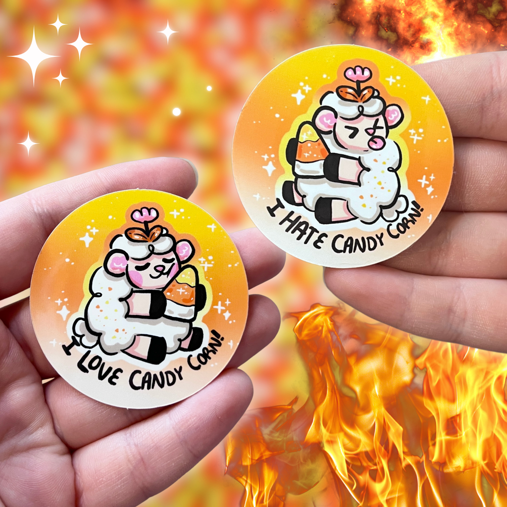 Two stickers, both featuring a sheep holding a candy corn, one with the text "i love candy corn" and the other "i hate candy corn"