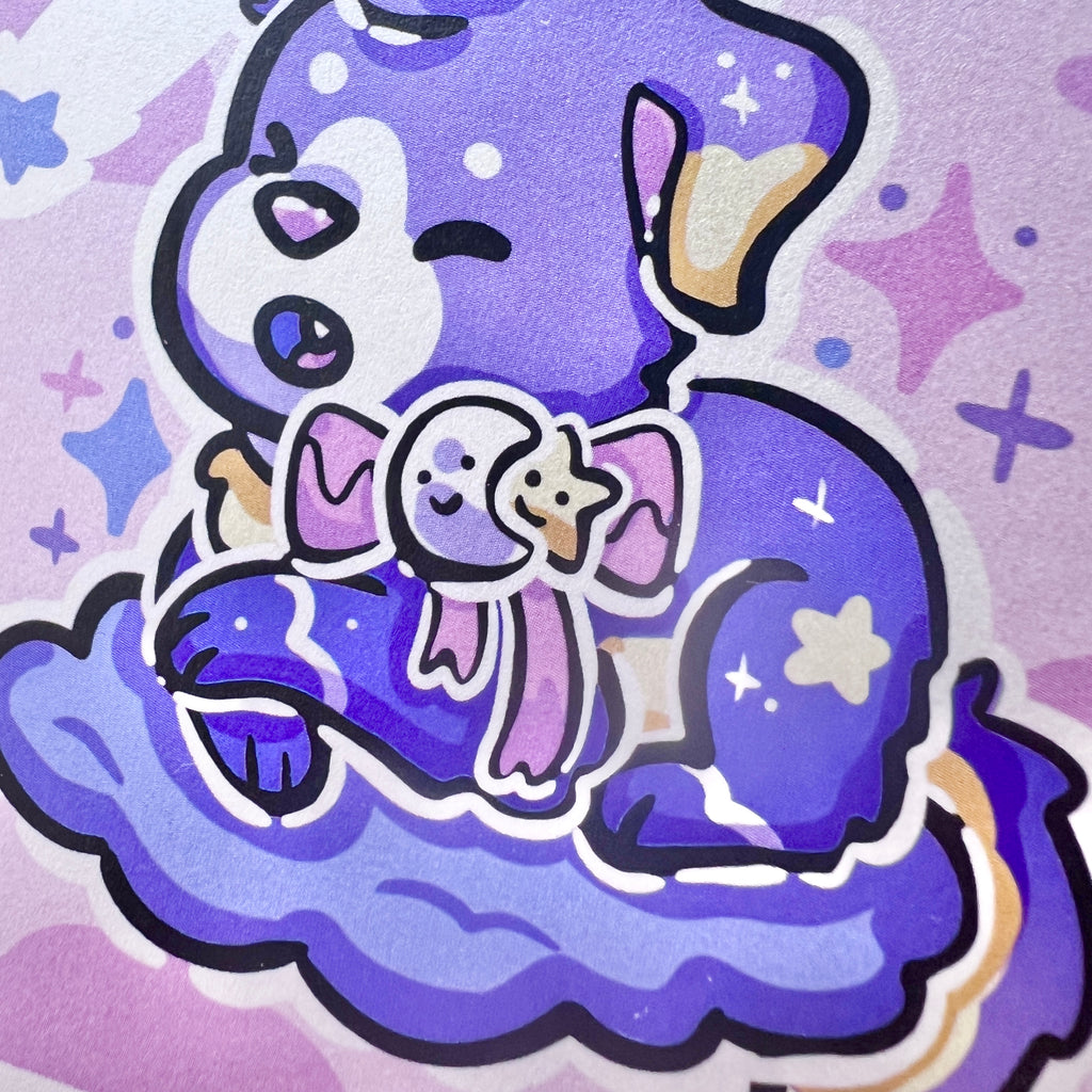 A print of a puppy with a purple gradient skin, moon/star bow, and is on a purple cloud in a purple sky