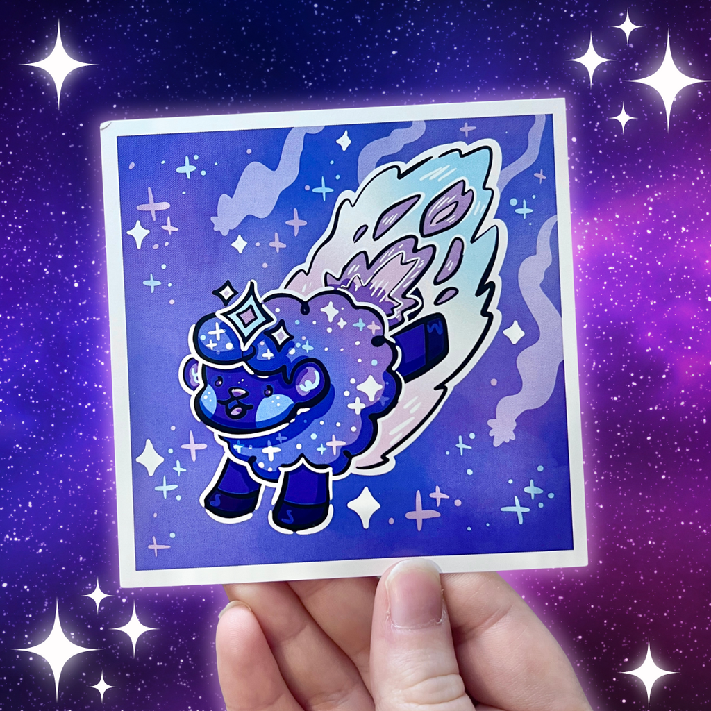 a print of a dark purple/blue sheep made to seem like a shooting star, with glittery details and trail behind them