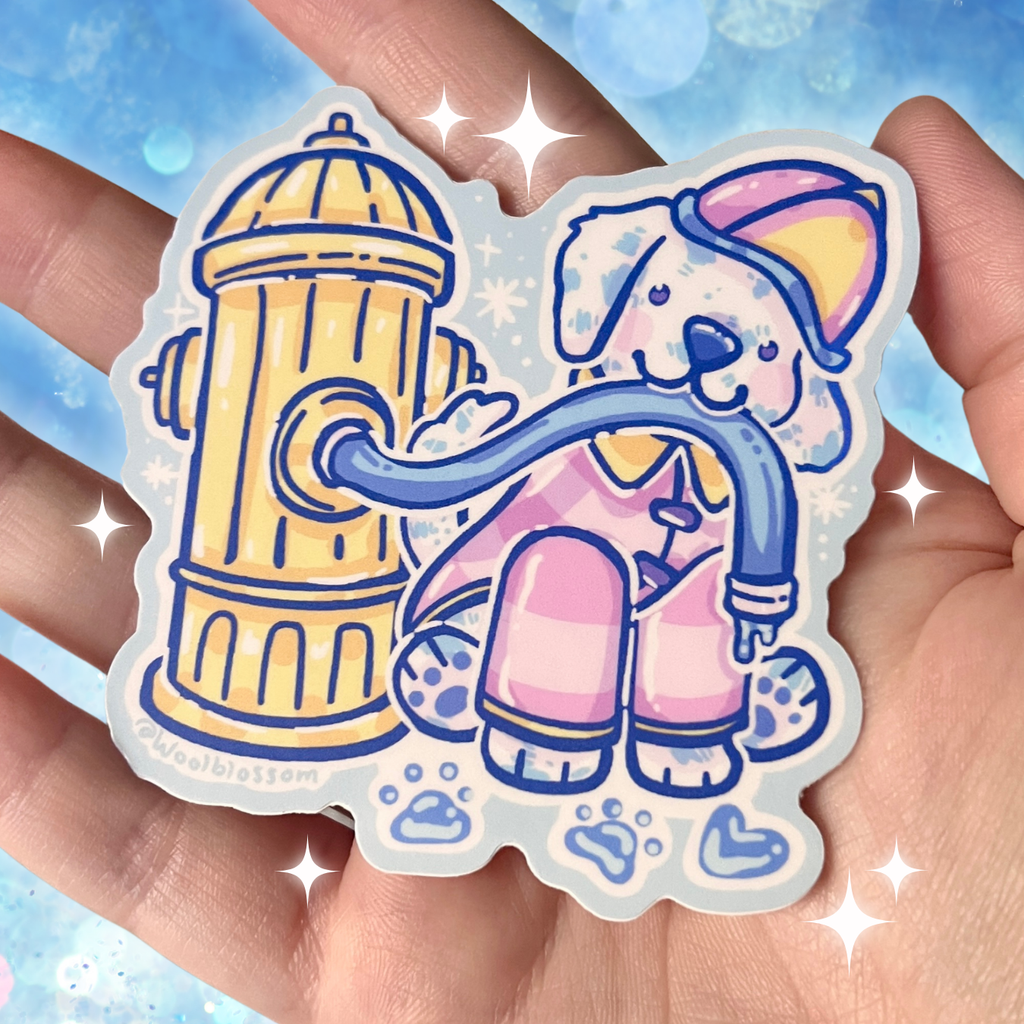 Cartoon dog with a fire hydrant on a hand against a blue background