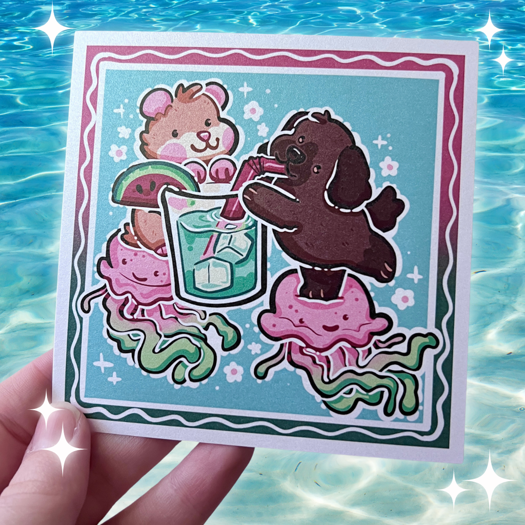 A print of a hamster and puppy drinking out of a glass on top of two jelly fish