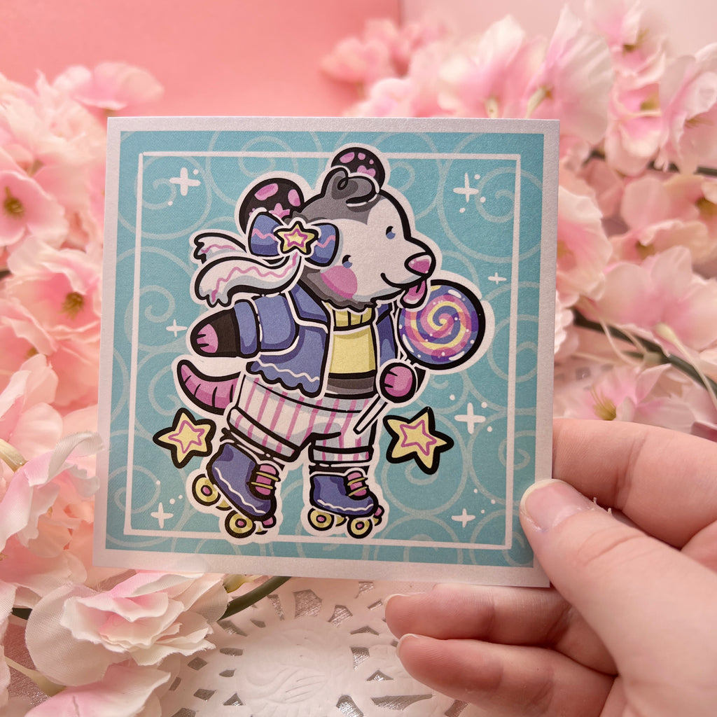 A print of an opossum in a cute outfit, roller skating standing up, with a lollipop in hand 