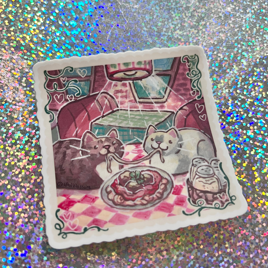 a sticker of two cats eating spaghetti in a restaurant against a glittery background