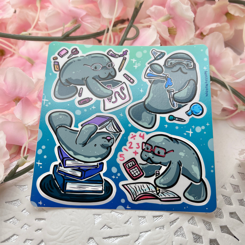 a sticker sheet Featuring four adorable manatees, each representing a different school subject—art, English, science, and math