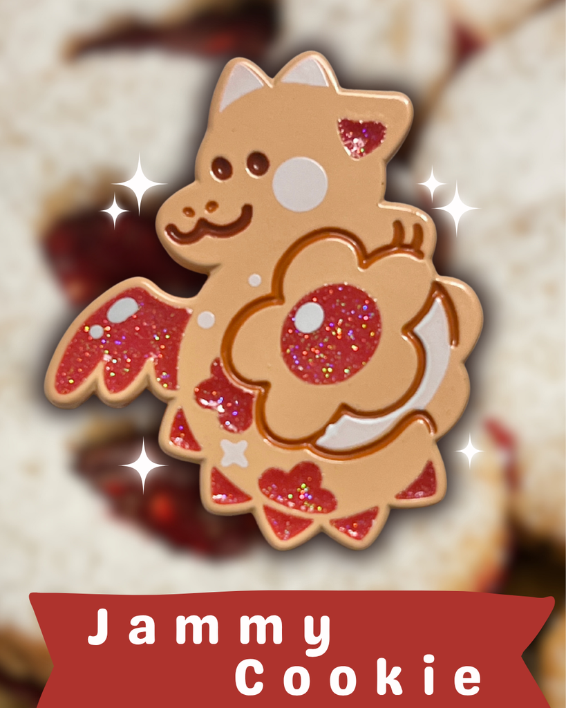 Enamel pin of a jammy cookie dragon, featuring glittery accents, on a blurred background with 'Jammy Cookie' text.