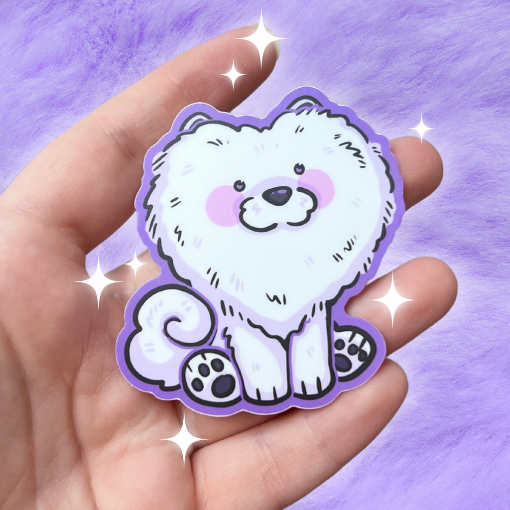 A sticker of a silly white dog with a haircut that makes its head look like a heart