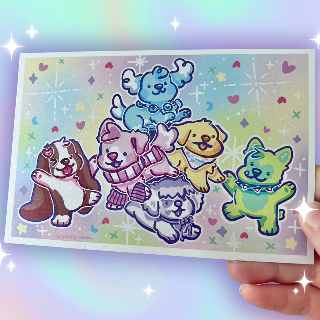 A pastel colored print featuring 6 different colorful puppies- blue, pink, yellow, green, white, and brown, all doing silly poses