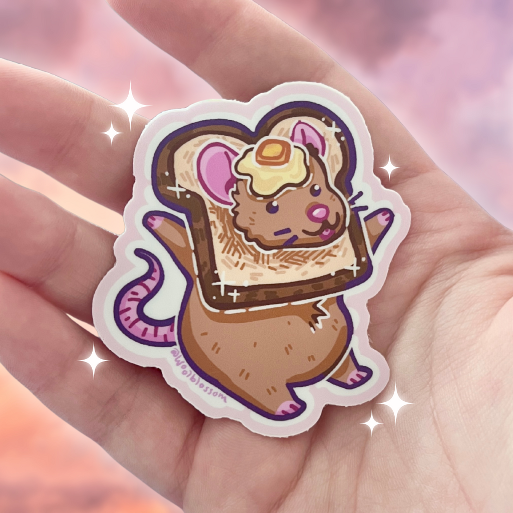 Sticker of a rat on toast held in a hand with a soft pink background