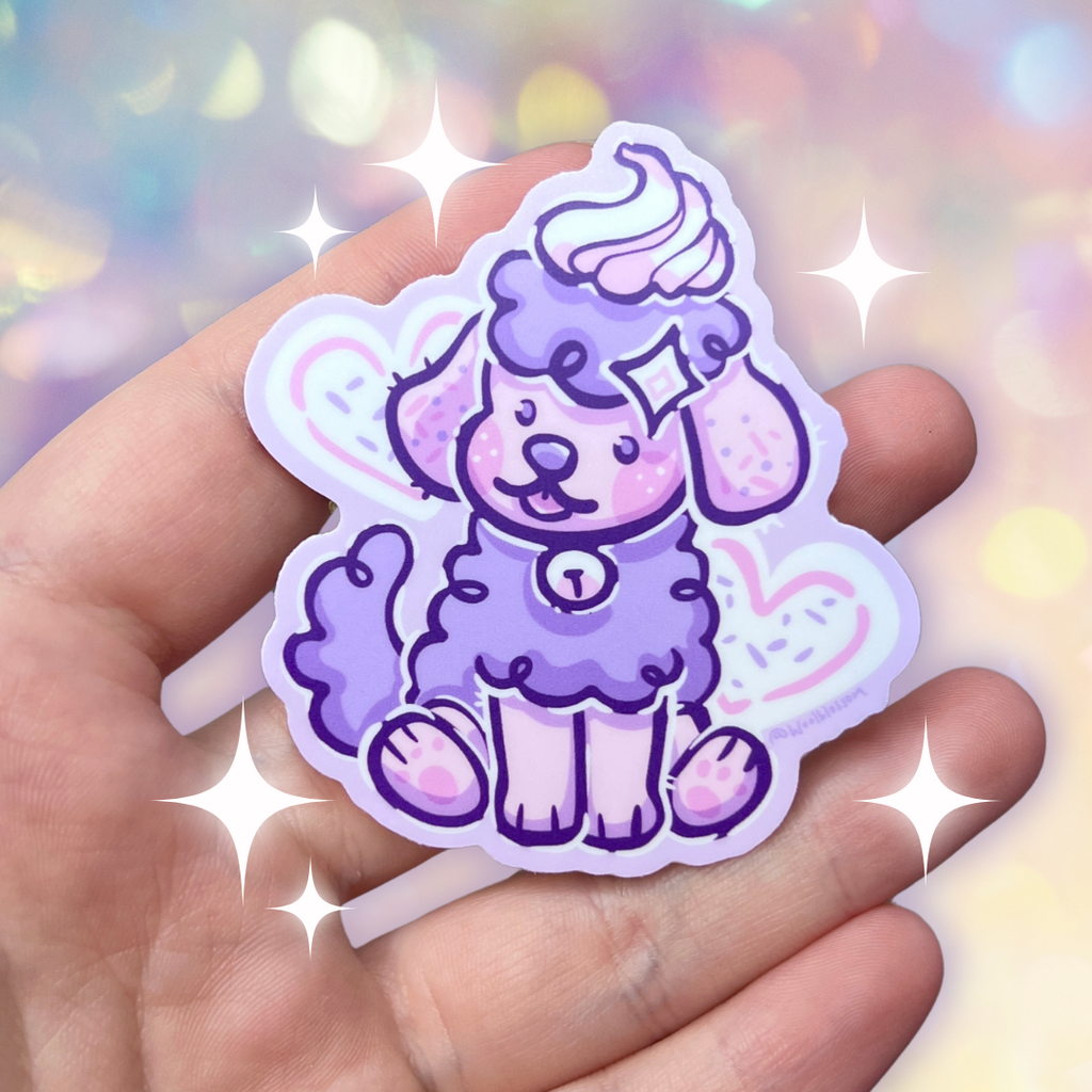 A sticker of cherry blossom the sheep dog as a purple/pink confetti variant with whipped cream hat