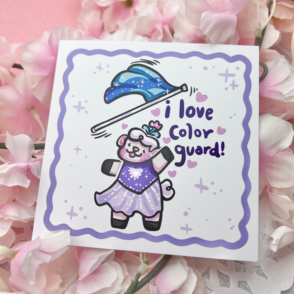 a print of sprout the sheep in a purple dress tossing a blue flag mid-air with the text "I love color guard"