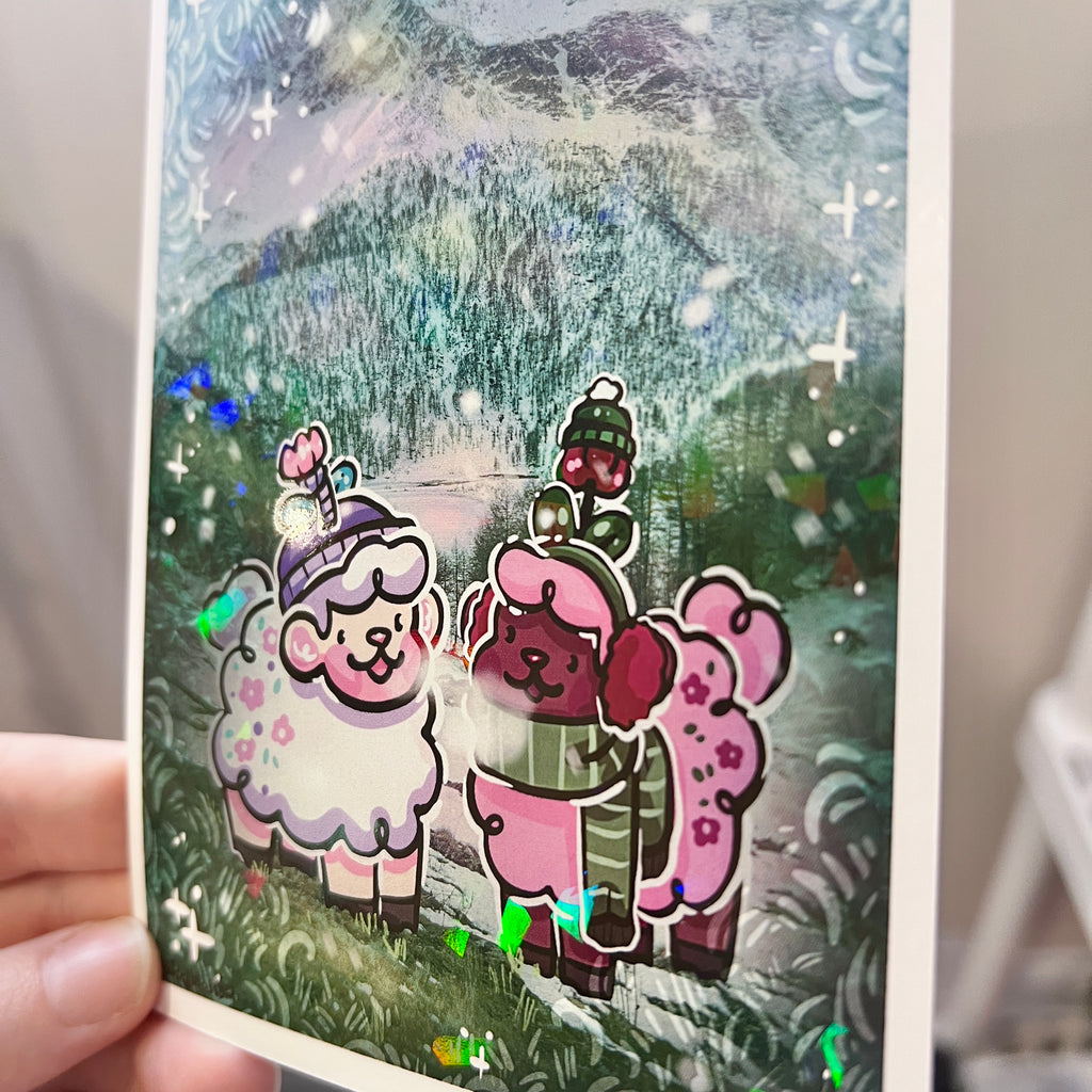 A print of a photo of snowy swiss alps that's been slightly drawn over and edited, with sprout the sheep and tulip the sheep, girlfriends, standing together in winter clothes as if it is a vacation photograph