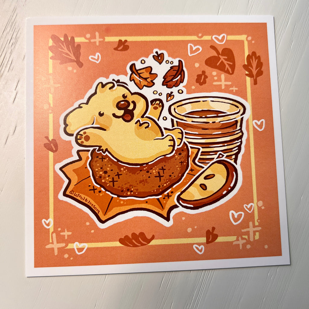 Cartoon dog on an apple doughnut on a print on white