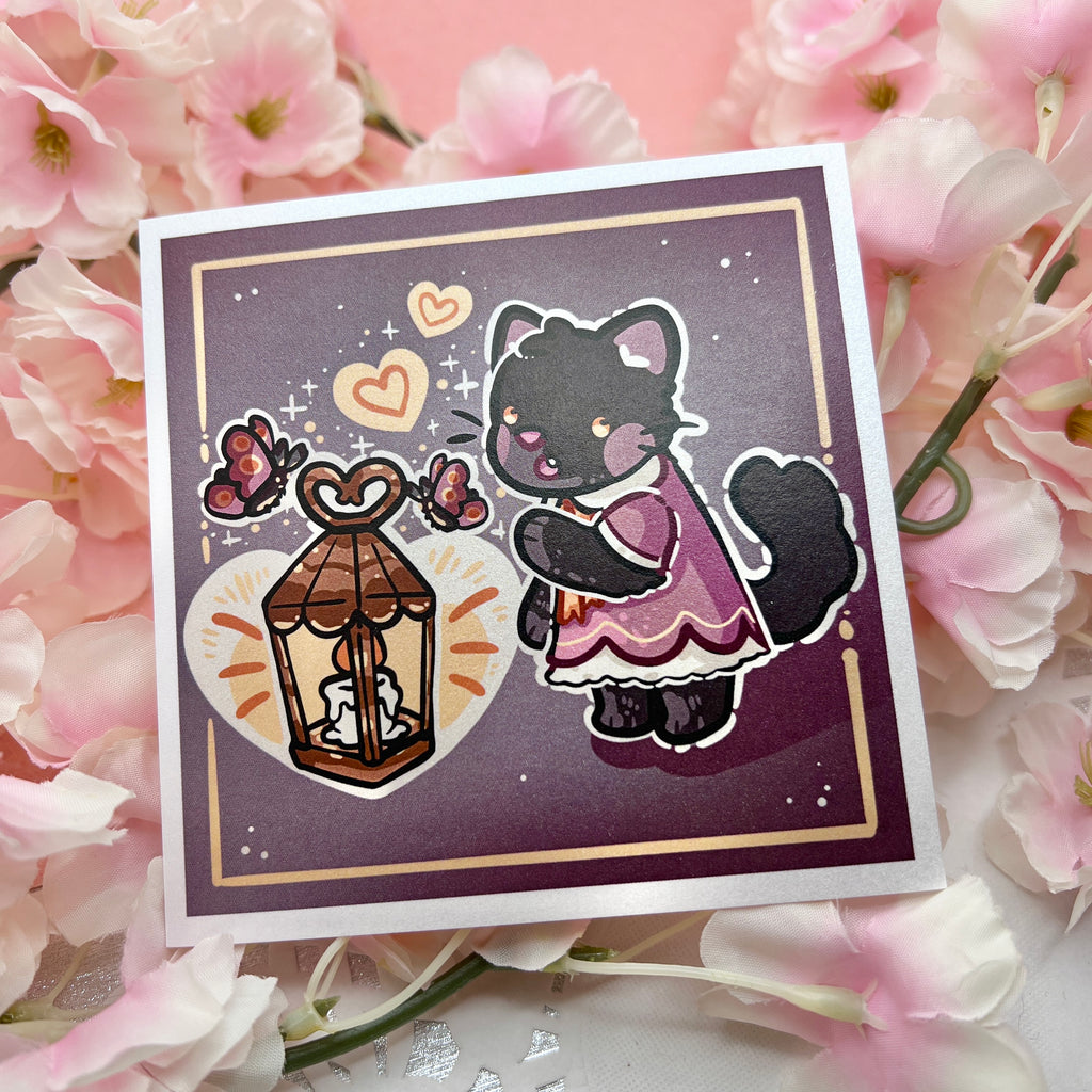 A print of a black cat in a dark rose pink dress reaching out in wonder at a lantern, moths around it, and a heart shape glow