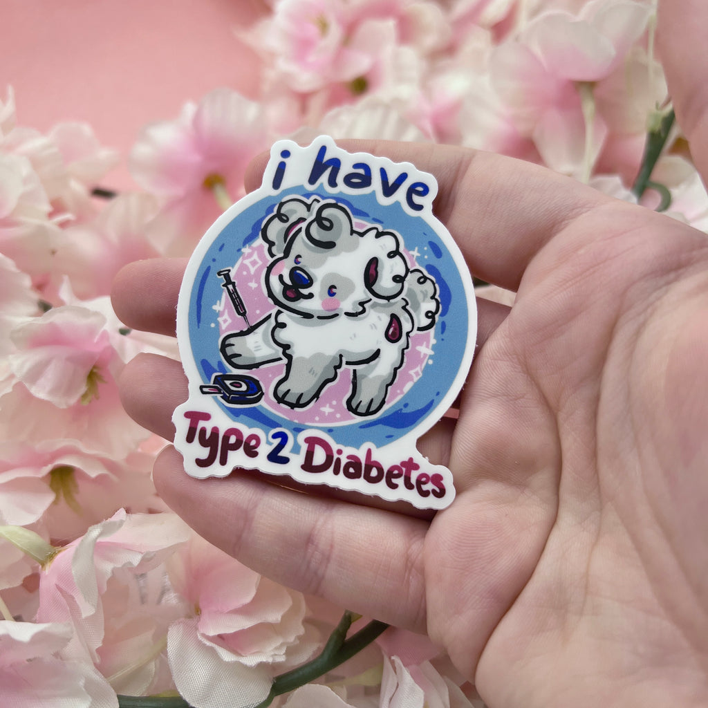 a sticker that says "I have type two diabetes" as well as a puppy. It also features a needle and blood reader.