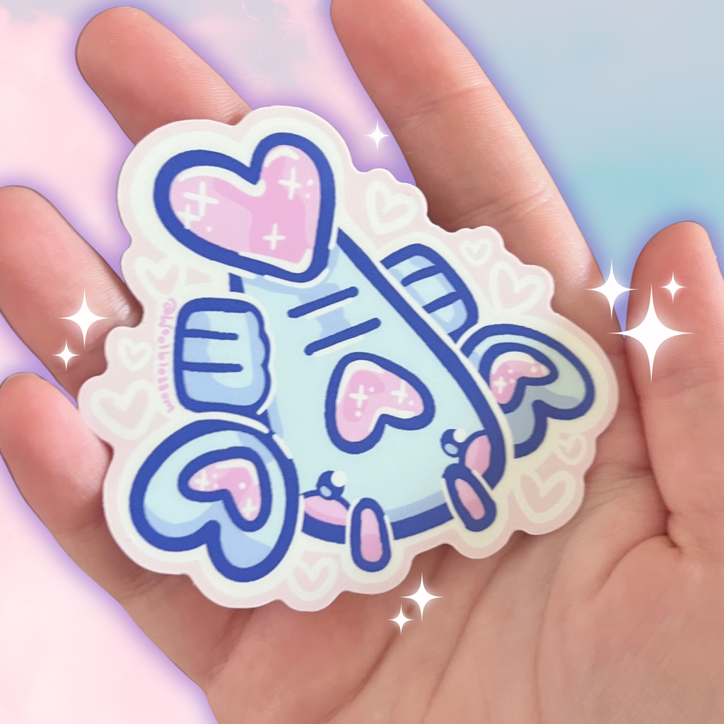 sticker of a blue and pink cartoon lobster