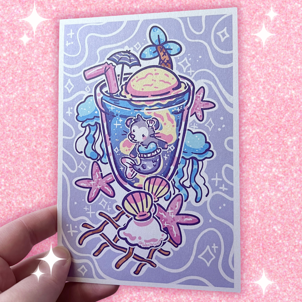 a print of a a mermaid opossum enjoying a swim in her favorite summer themed drink